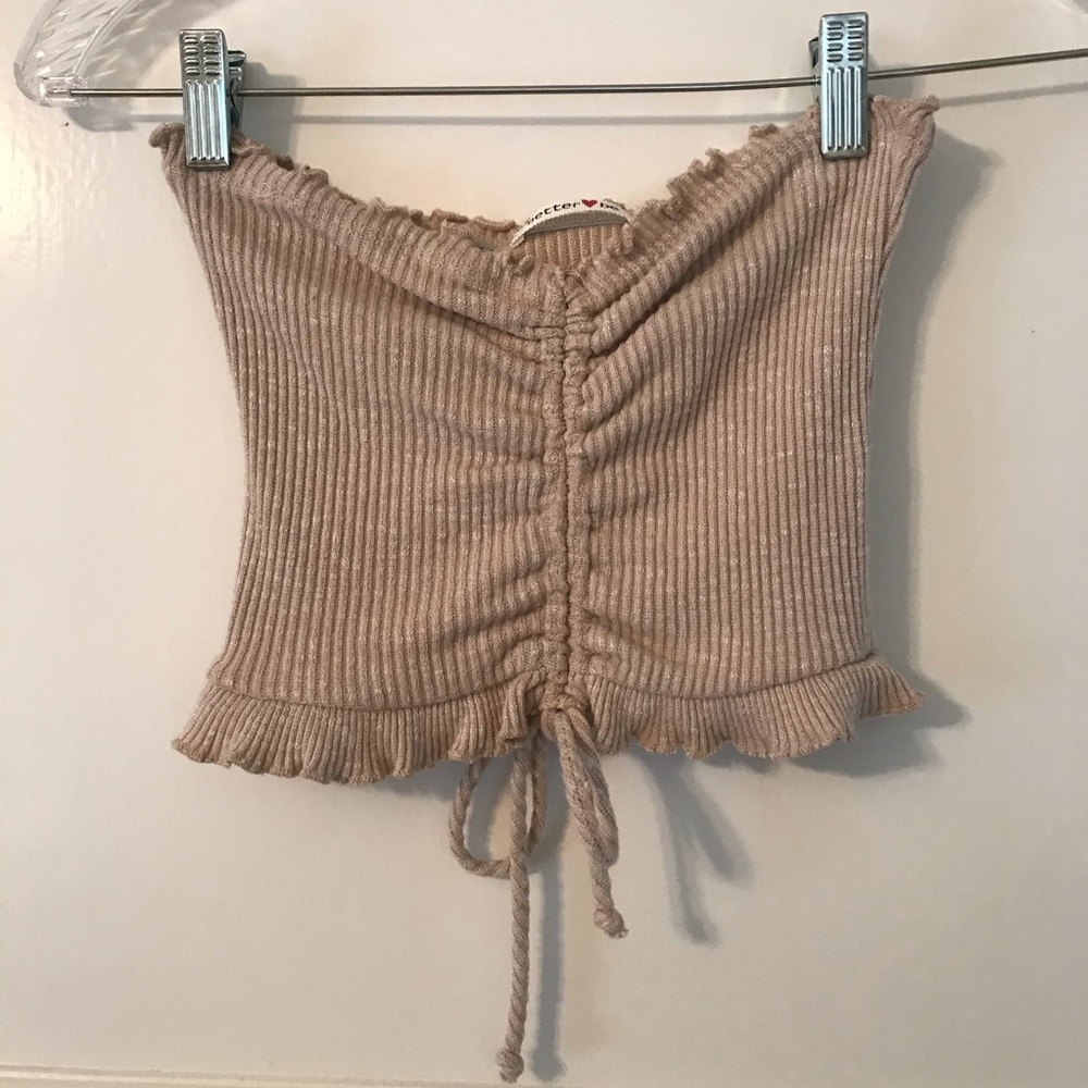 Tan tie, rouched front tube top crop top